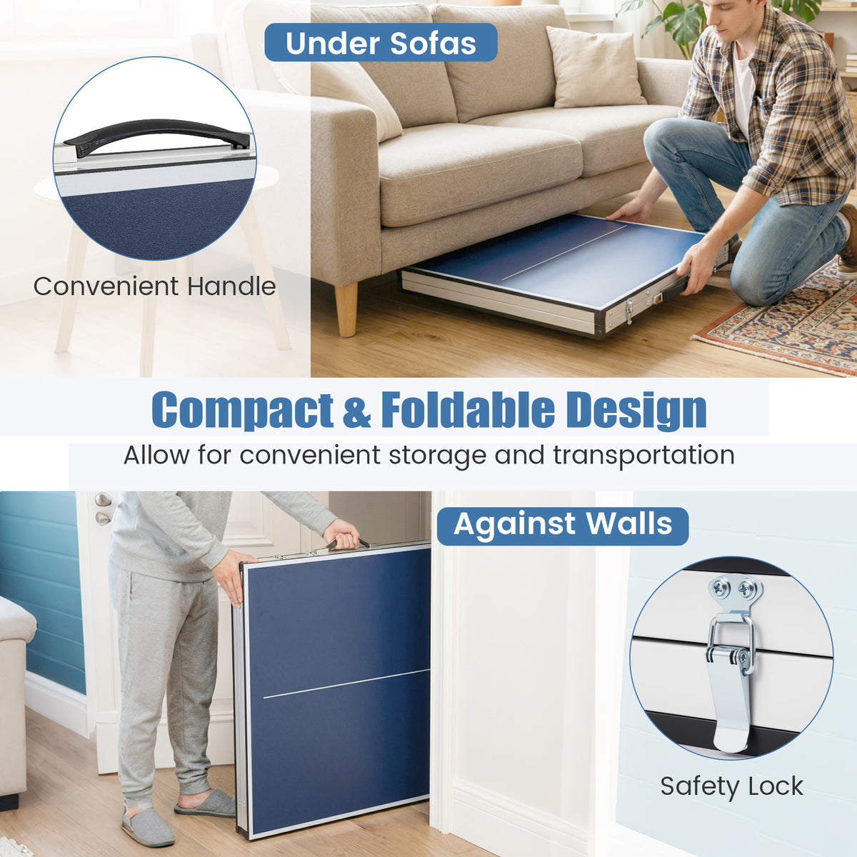 Compact and foldable design of the ping pong table, showing storage options