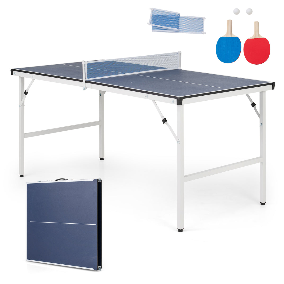 the table tennis set including the playing surface, net, two bats and two balls with a folded unit
