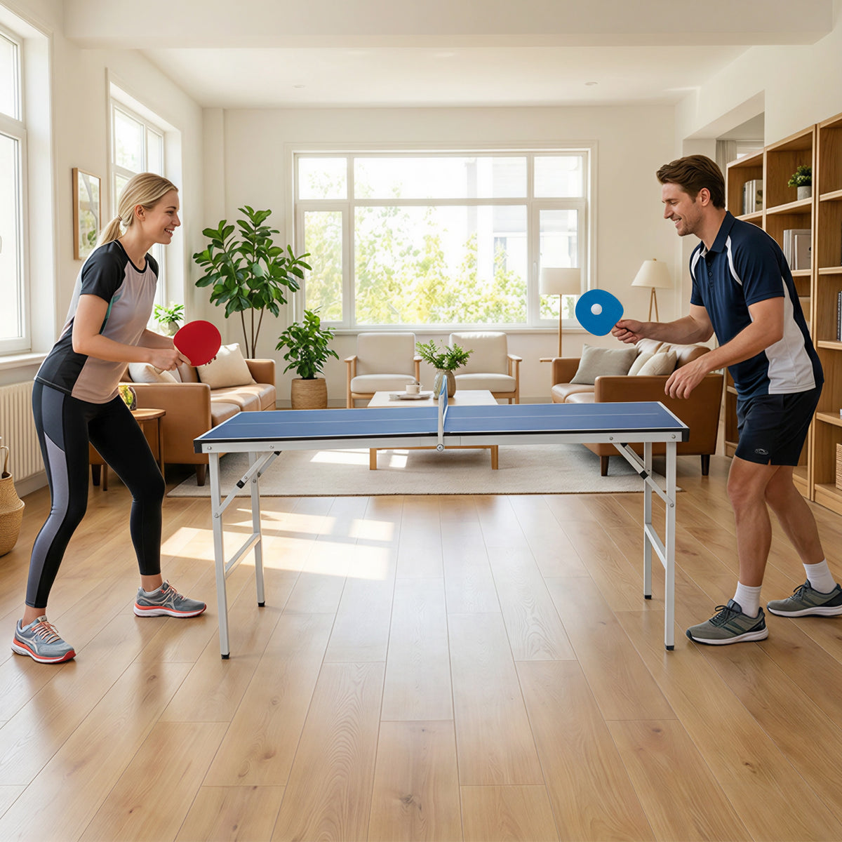 A man and woman playing ping pong indoors on the foldable table