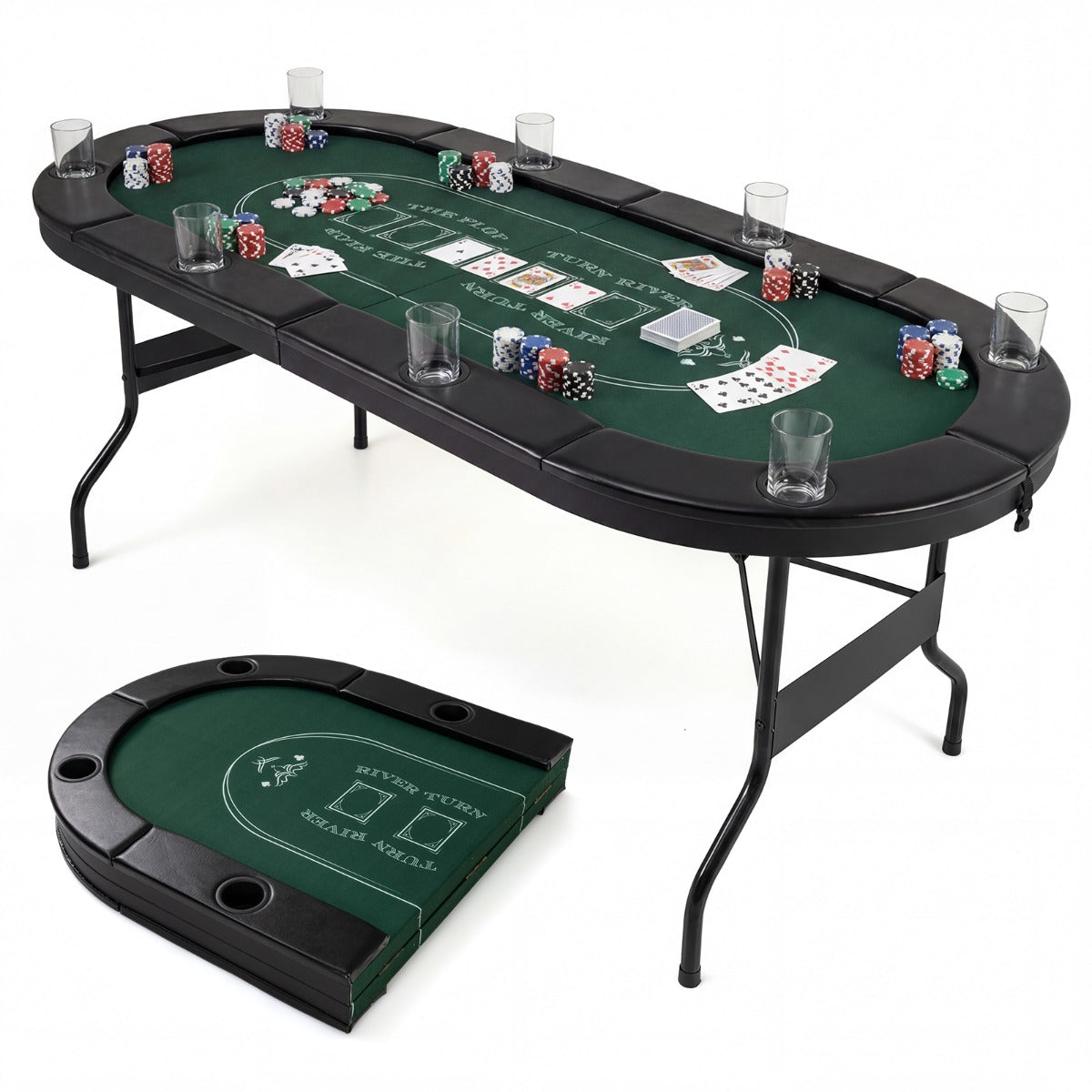 Foldable Poker Table 8 Player oval green felt top with cup holders and chip trays