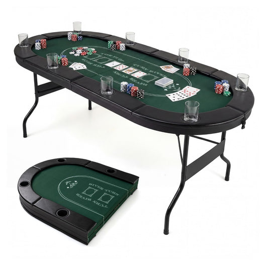 Foldable Poker Table 8 Player oval green felt top with cup holders and chip trays