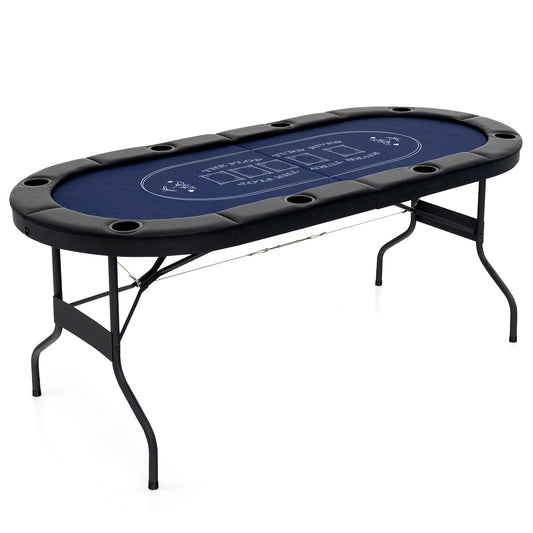 Foldable Poker Table for 8 Players Portable Oval Card Board with Cup Holders-Blue, shown set up with its legs extended