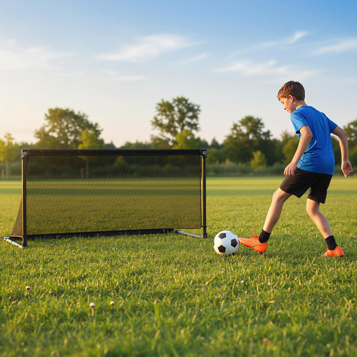 Boy kicking a soccer ball towards the pop-up goal on a grassy field