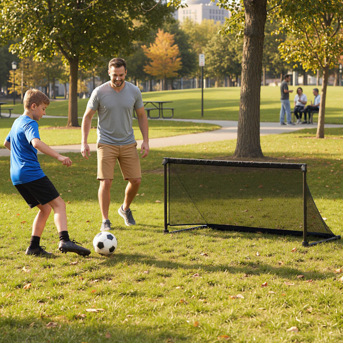 Father and son playing soccer with the pop-up goal in a park
