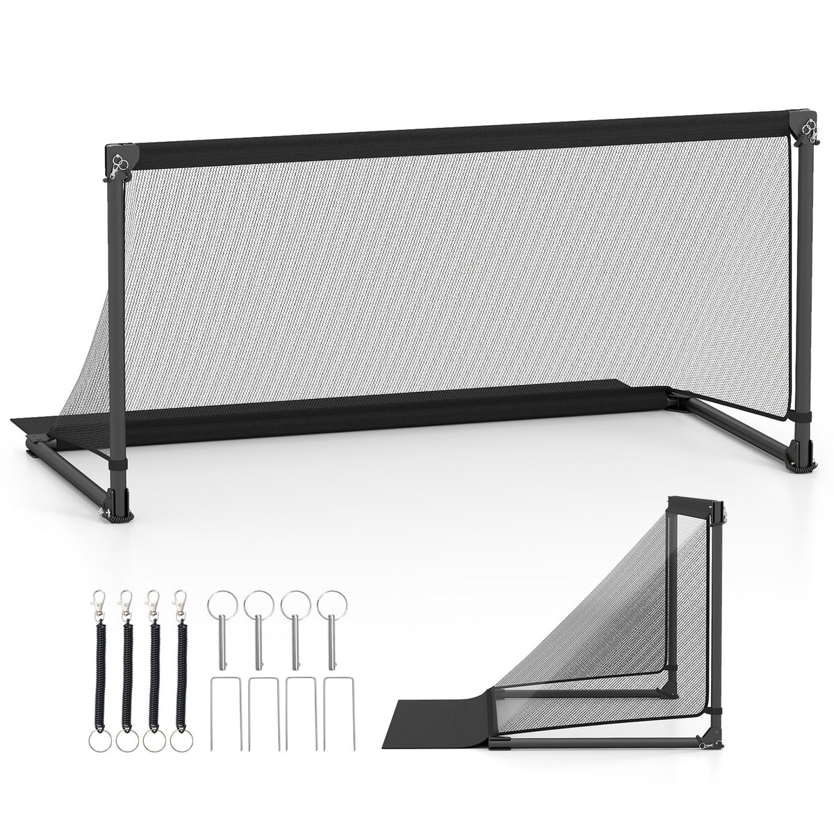 Foldable Pop-up Soccer Goal with Net-L set up with ground stakes and carry straps