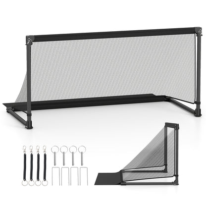 Foldable Pop-up Soccer Goal with Net-L set up with ground stakes and carry straps