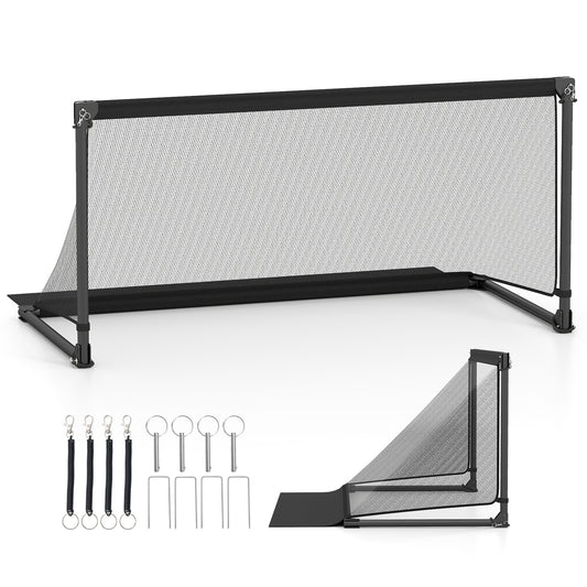 Foldable Pop-up Soccer Goal with Net-L set up with ground stakes and carry straps