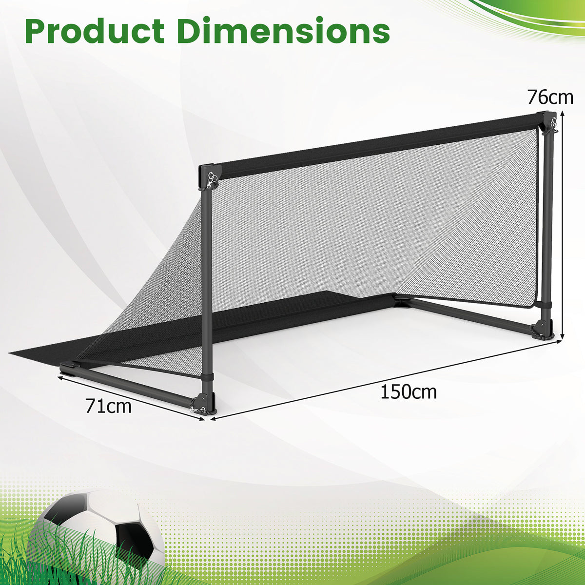The soccer goal shown from an angle with lines indicating its height, width and depth