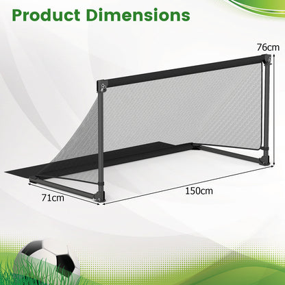 The soccer goal shown from an angle with lines indicating its height, width and depth