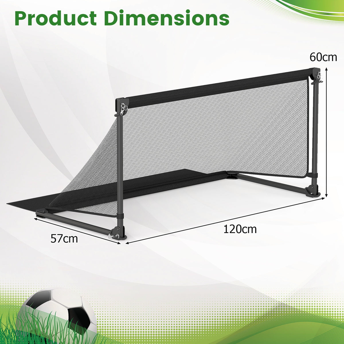 The foldable soccer goal shown with arrows indicating its height, width and depth measurements