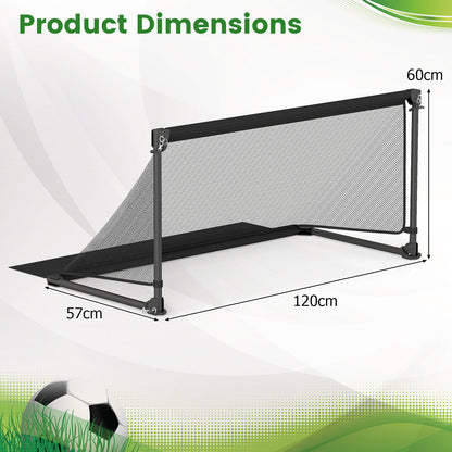 The foldable soccer goal shown with arrows indicating its height, width and depth measurements