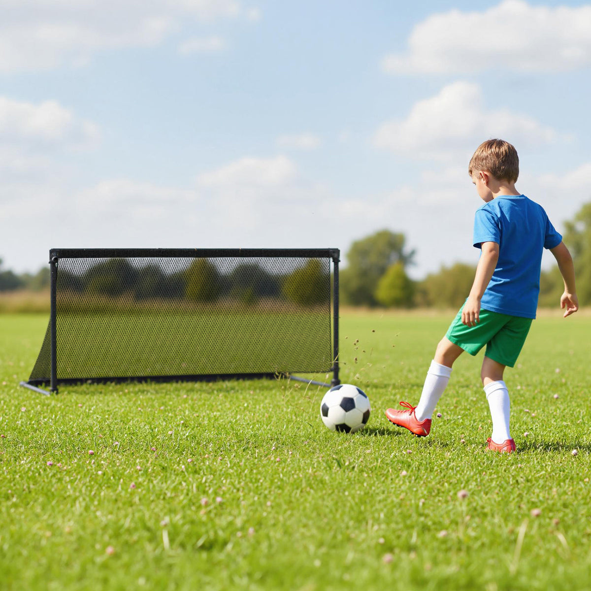 Boy kicking a soccer ball towards the goal on a lawn