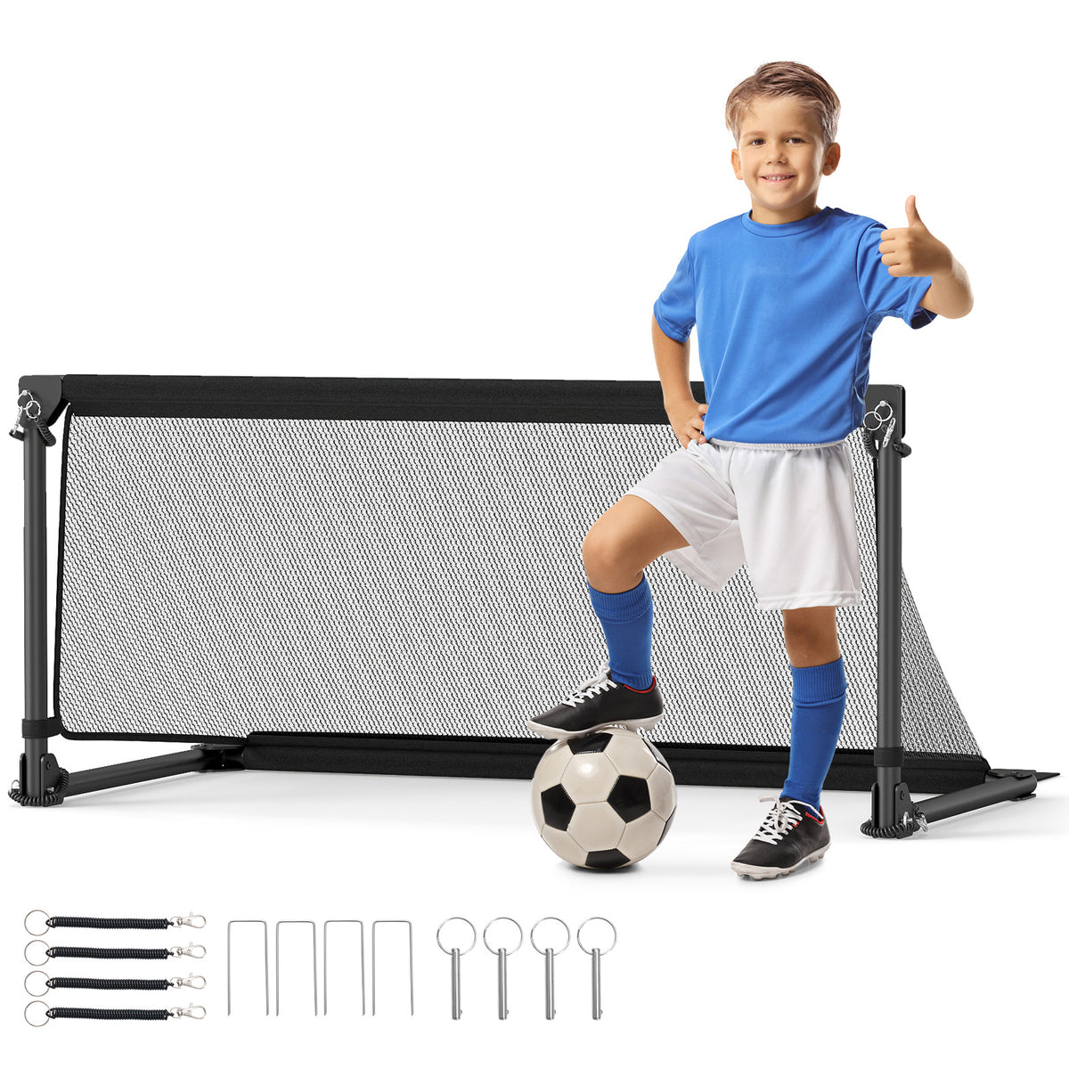 Boy giving a thumbs up next to the soccer goal with a ball