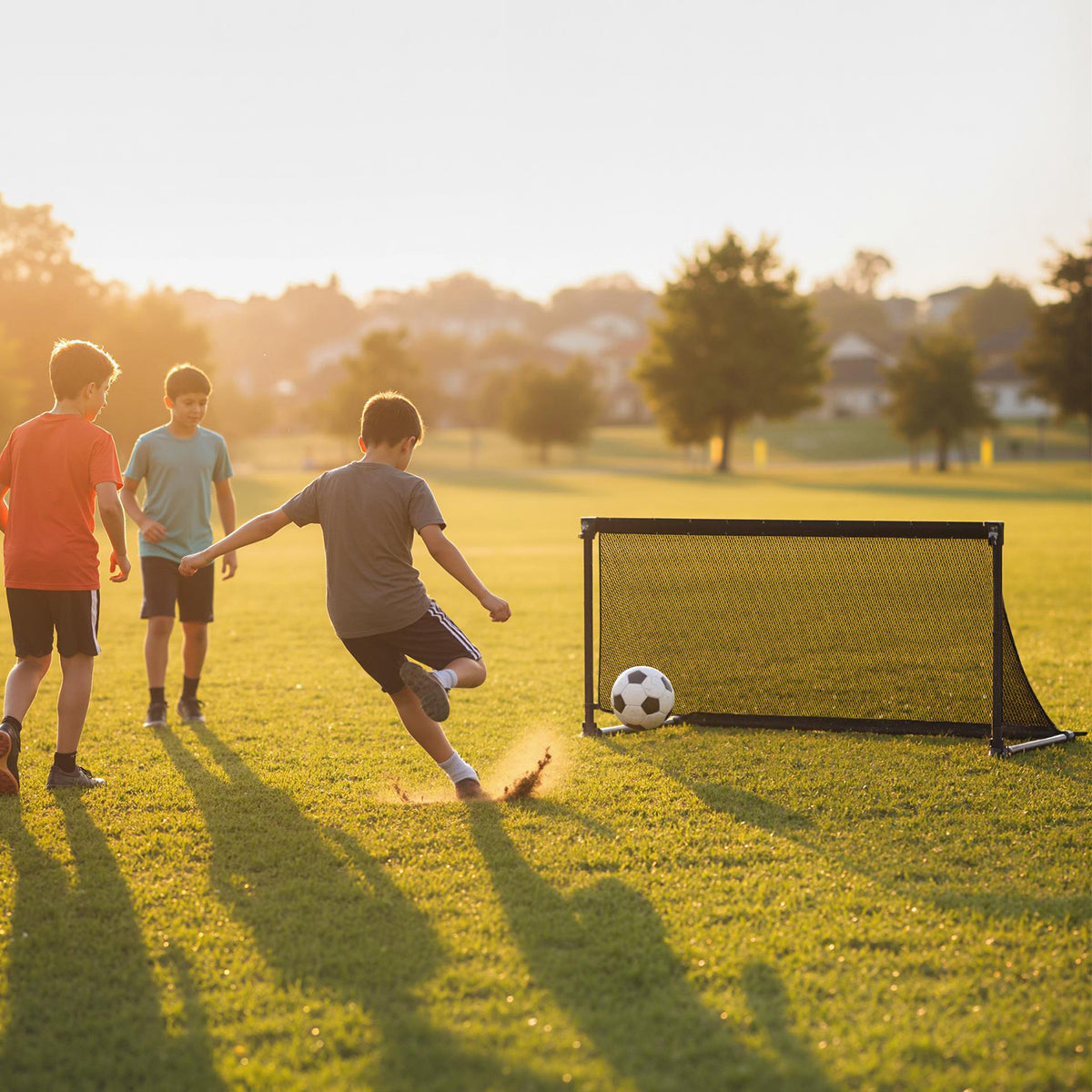 Children playing soccer with the goal on a sunny field