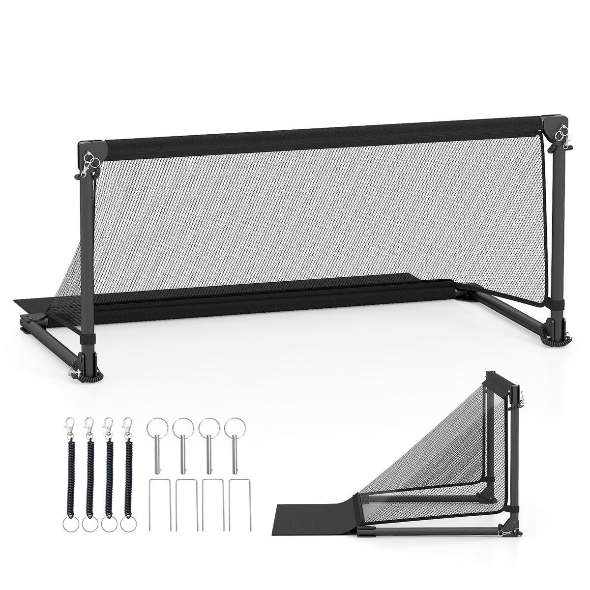 Foldable Pop-up Soccer Goal with Net-S set up with ground stakes and straps