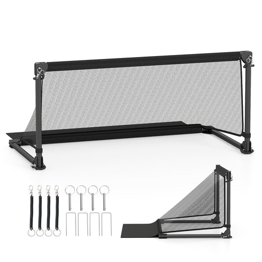 Foldable Pop-up Soccer Goal with Net-S set up with ground stakes and straps