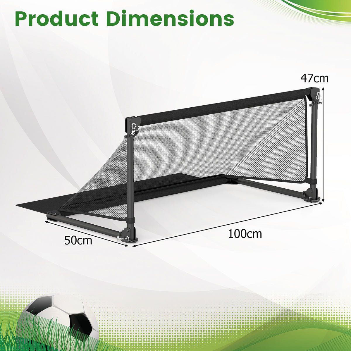 Diagram showing the dimensions of the foldable soccer goal