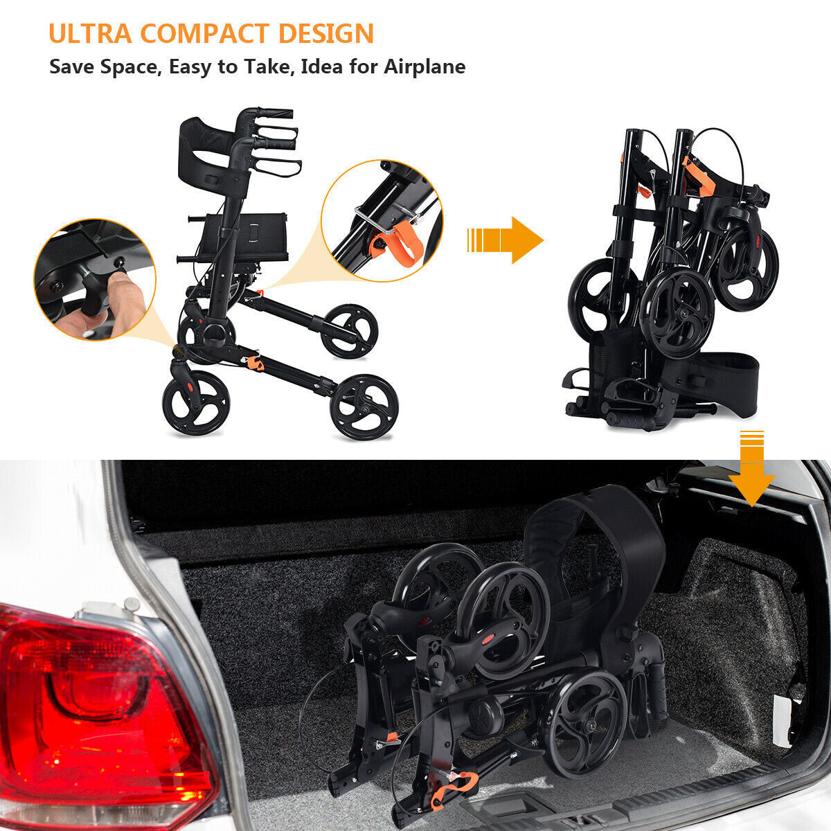 The black mobility aid being folded and placed into a car boot