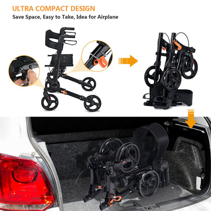 The black mobility aid being folded and placed into a car boot