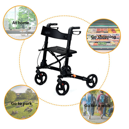 Collage showing the black mobility aid being used in various settings like home and shopping