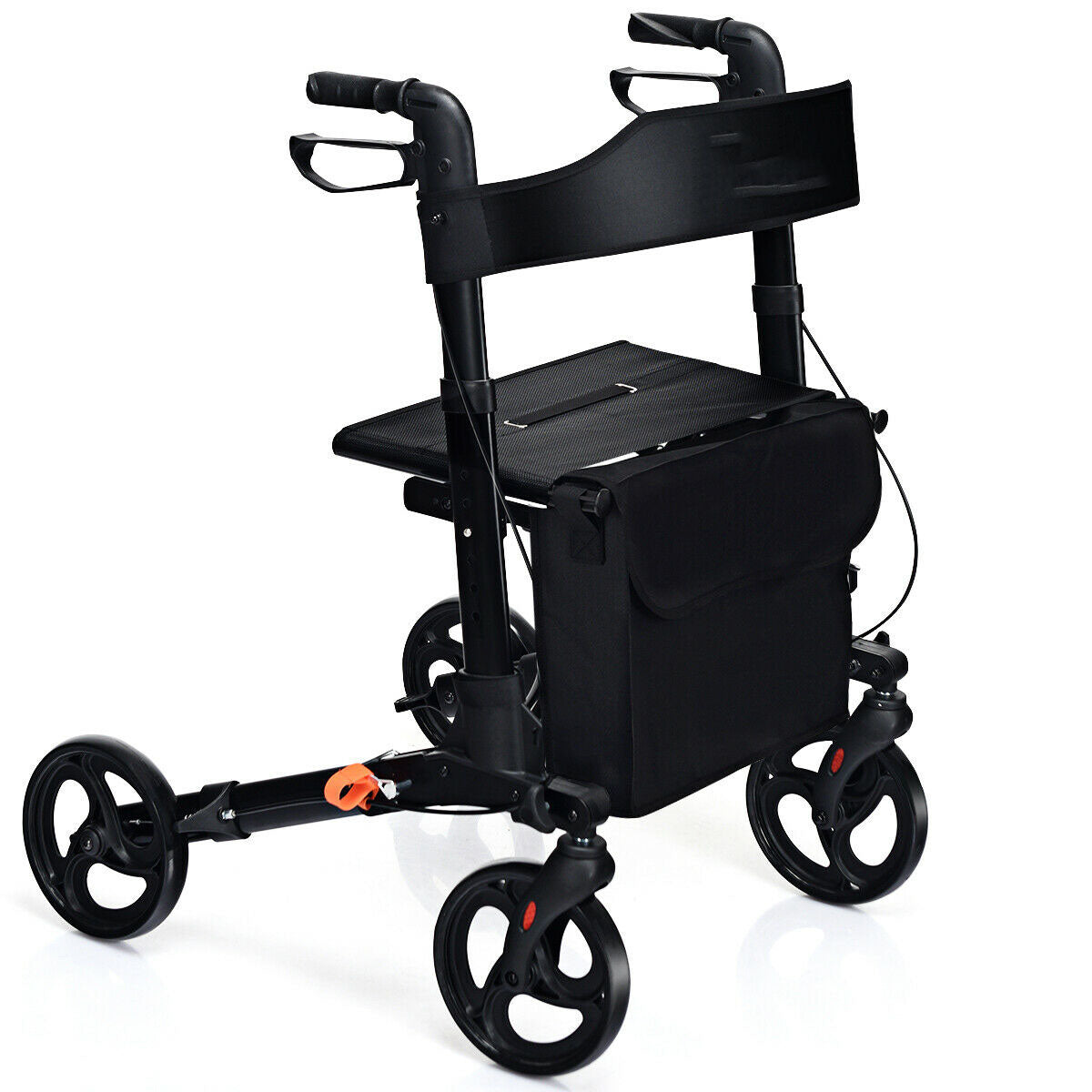 Foldable Rollator Mobility Aid with Bag in black, a mobility aid with a seat and bag
