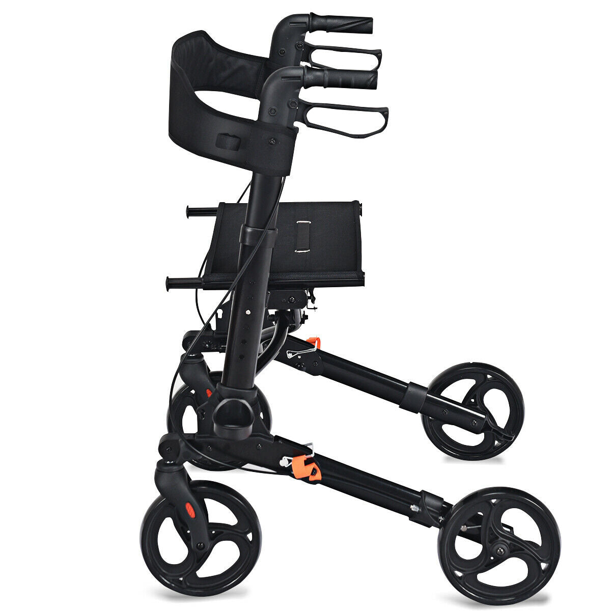 Side view of the black mobility aid showing its wheels and frame