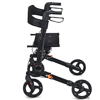 Side view of the black mobility aid showing its wheels and frame
