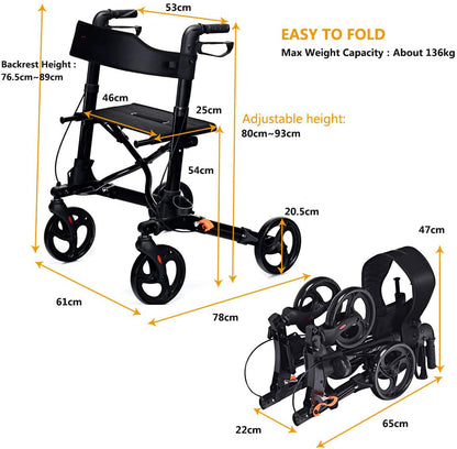 Diagram showing the dimensions of the black mobility aid when open and folded