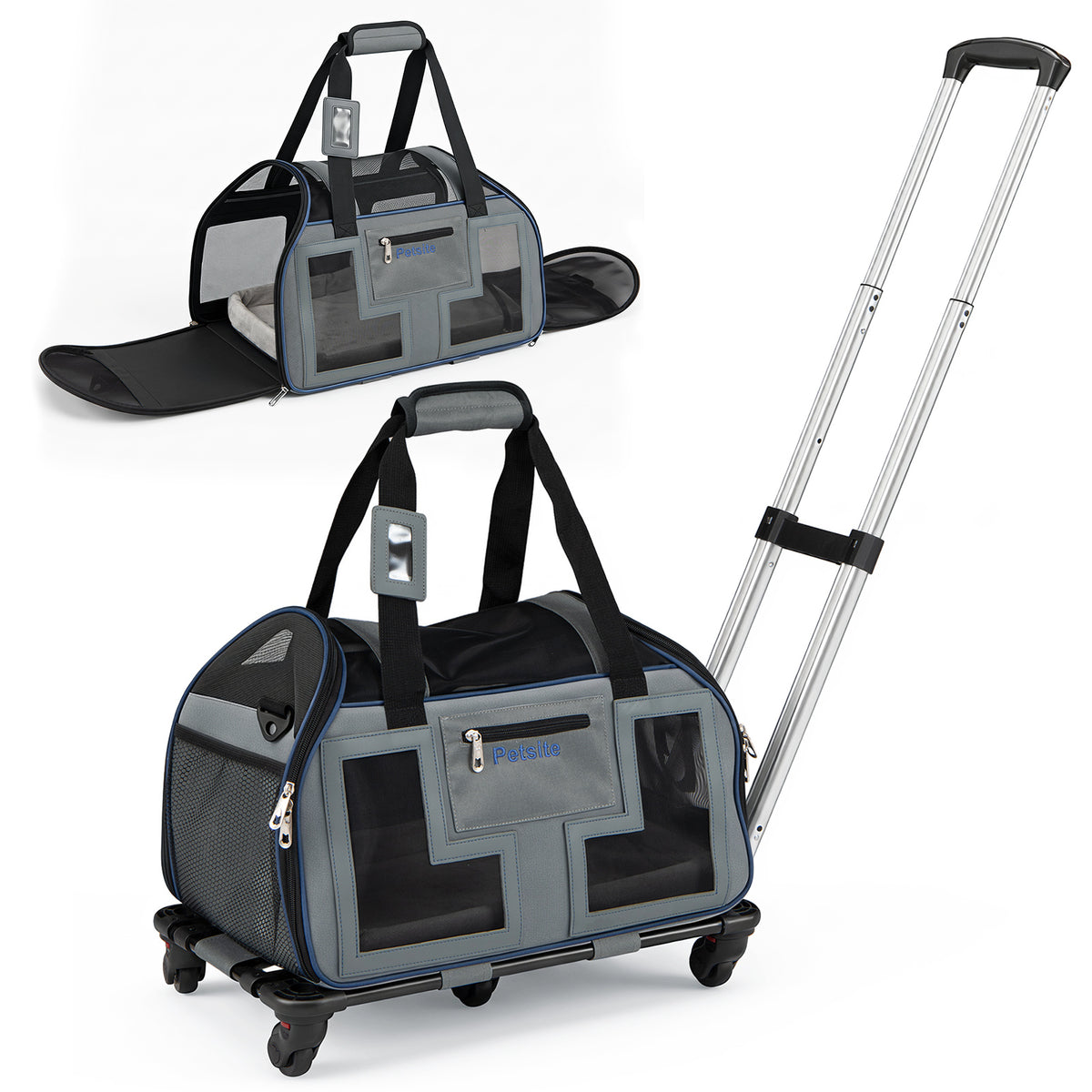 The dog stroller shown both with and without its rolling base and telescopic handle