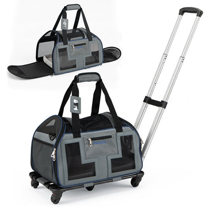 The dog stroller shown both with and without its rolling base and telescopic handle