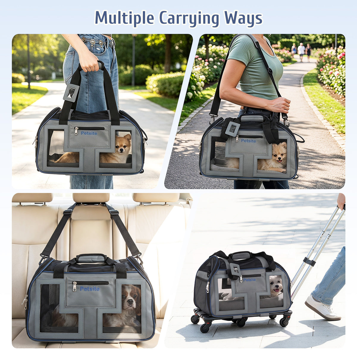 The dog stroller shown in four different carrying modes including shoulder and rolling