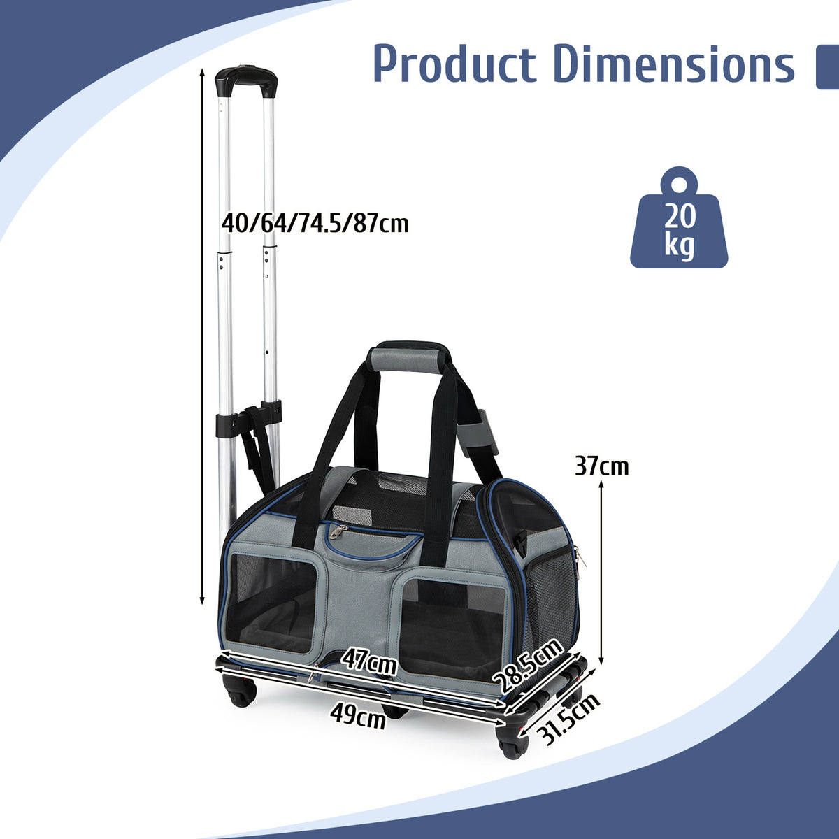The blue rolling pet carrier with dimensions and weight limit shown