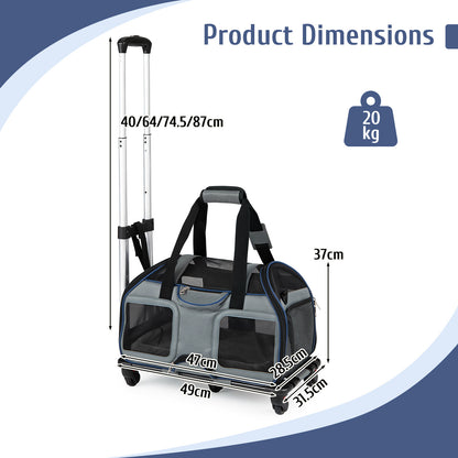 The blue rolling pet carrier with dimensions and weight limit shown