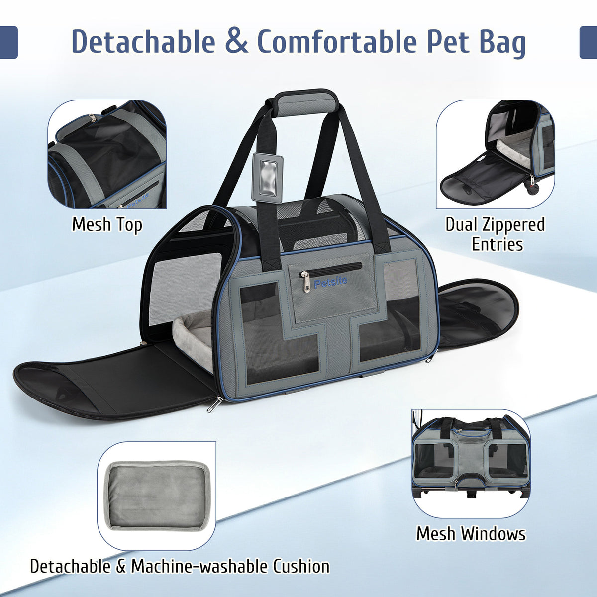 The blue rolling pet carrier shown with its mesh windows and cushion