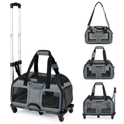 Foldable Rolling Pet Carrier shown with its telescopic handle and various attachment configurations