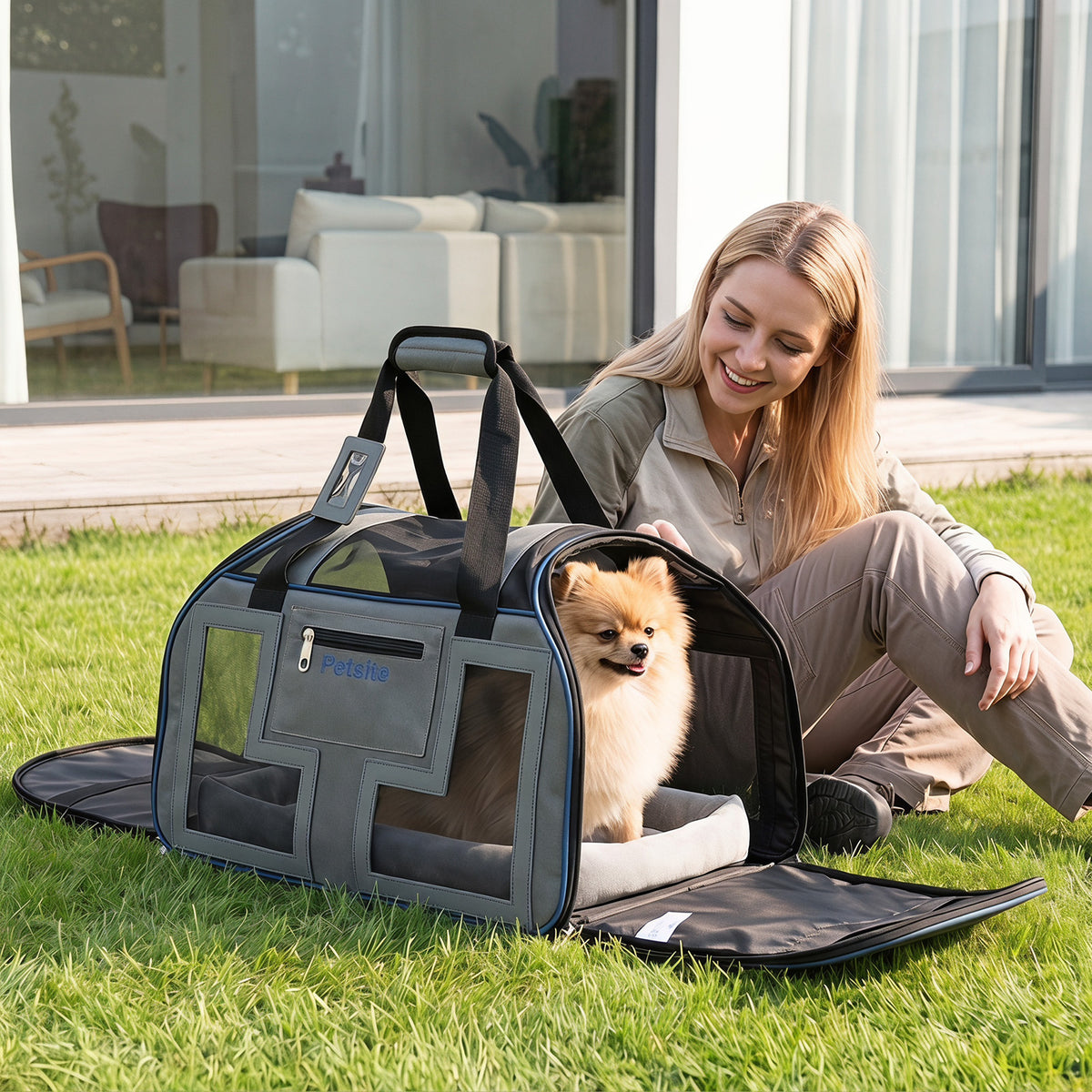 The blue rolling pet carrier open on grass with a small dog inside