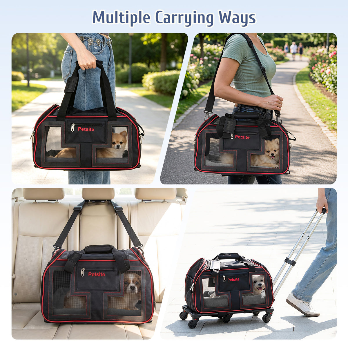 Multiple ways to carry the red dog stroller are displayed