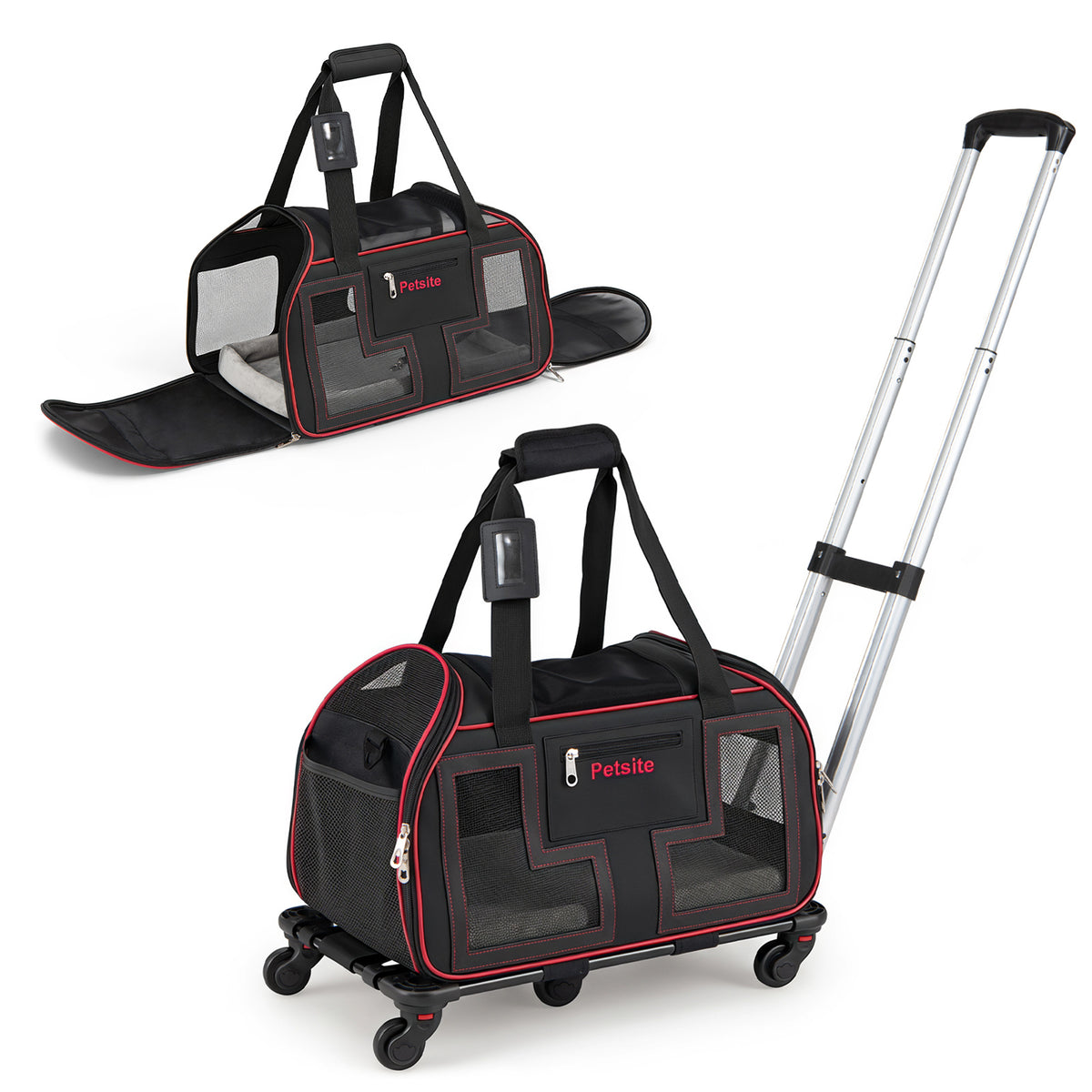 The red foldable pet carrier with wheels shown from the front with the top open