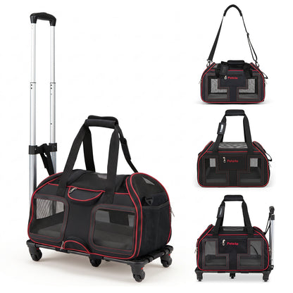 Foldable Rolling Pet Carrier with wheels and padded handle in red