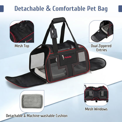 Features of the red foldable pet carrier with wheels including mesh and cushion
