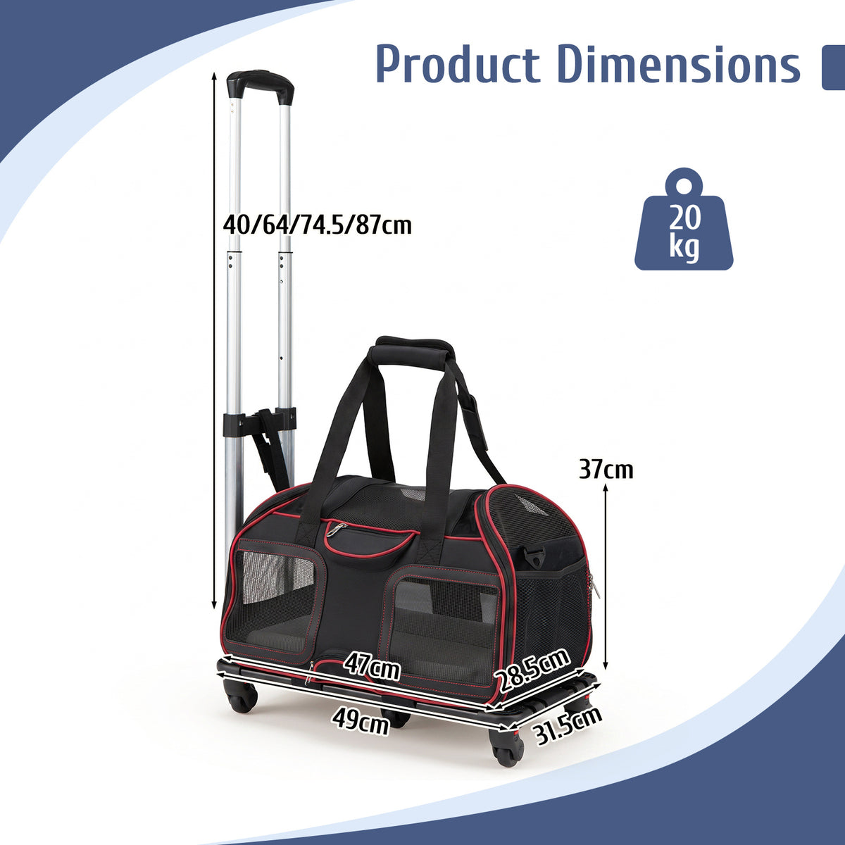 Dimensions of the red foldable pet carrier with wheels shown with a scale