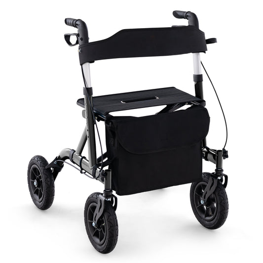 Foldable Rolling Walker with Seat in black with a storage bag and backrest