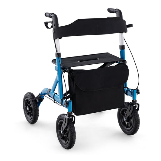Foldable Rolling Walker with Seat in blue with a black storage bag and padded backrest