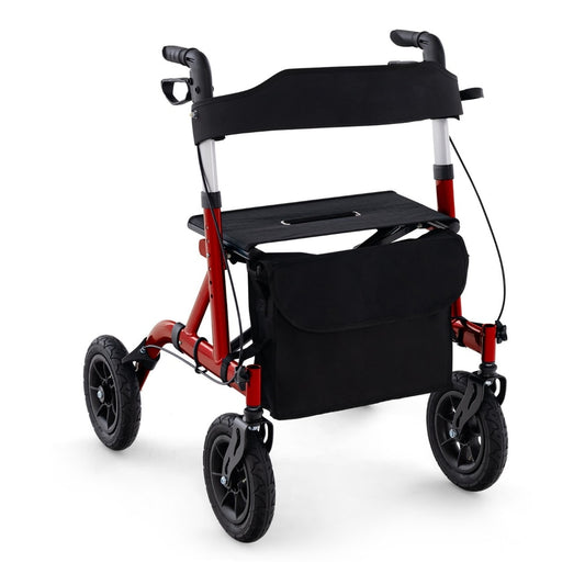 Foldable Rolling Walker with Seat in red, a mobility aid with a seat and storage bag
