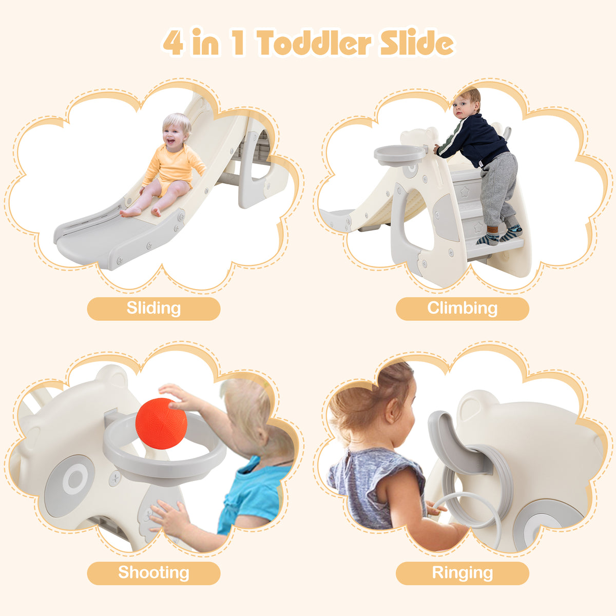 Four separate panels showing children using the slide and basketball hoop
