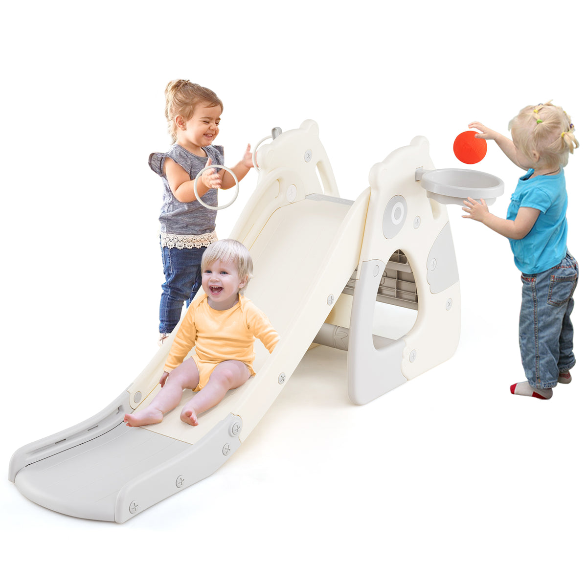 Foldable Toddler Slide with Basketball Hoop and Ball, grey, with two young children playing on it