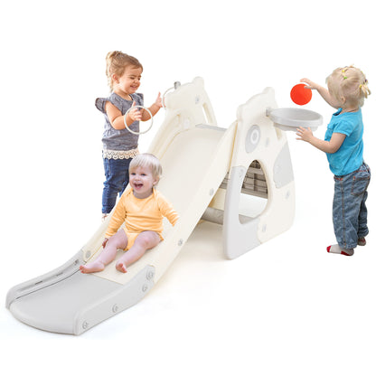 Foldable Toddler Slide with Basketball Hoop and Ball, grey, with two young children playing on it