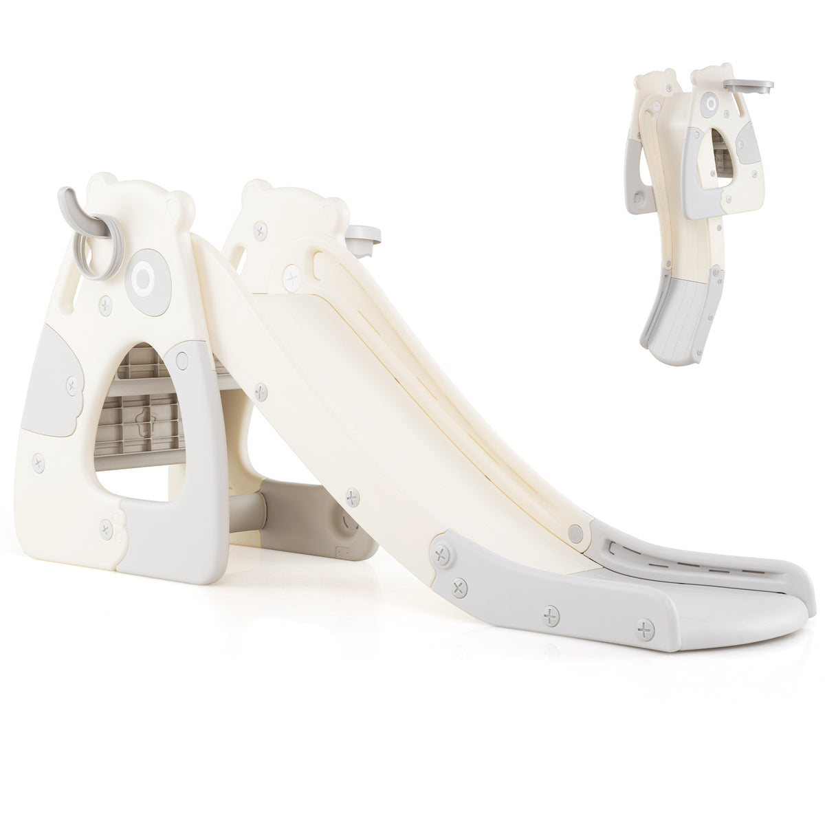 Foldable toddler slide with basketball hoop and ball, partially assembled showing connection points