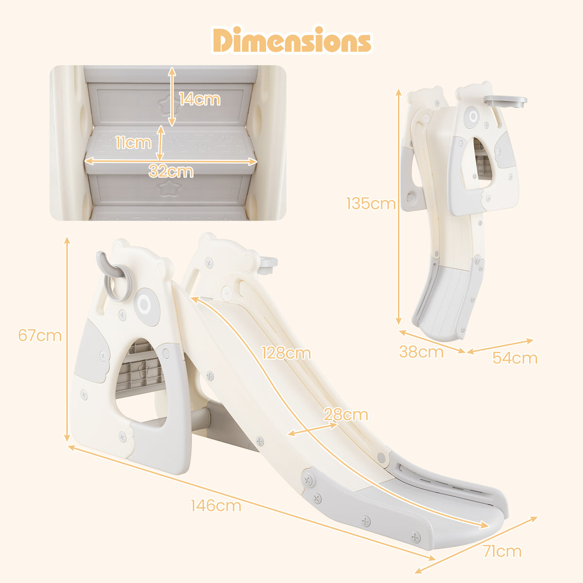 Dimensions diagram for the grey foldable toddler slide with basketball hoop and ball