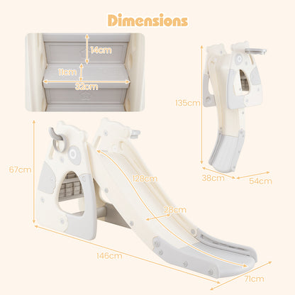 Dimensions diagram for the grey foldable toddler slide with basketball hoop and ball